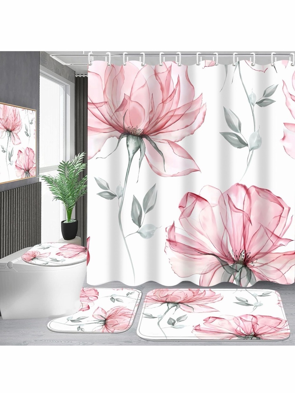 4Pcs Floral🌸Pink Shower🛁Curtain & Bath🚽Mat Set - Elegant Watercolor Blossom🌸